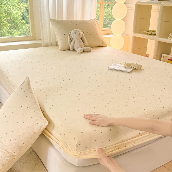 91家纺网 家纺一手货源 找家纺 仟网汇 2025新款云感棉双层纱床笠 彩波点