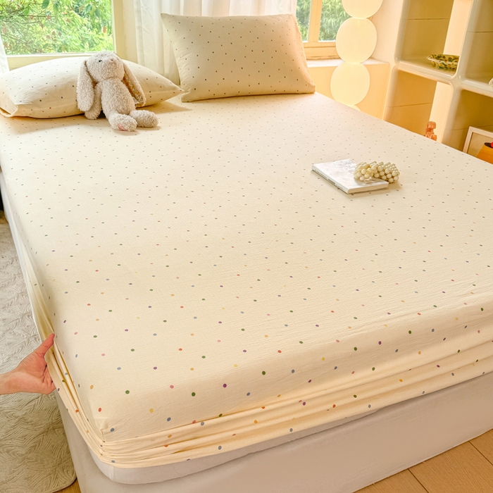 91家纺网 家纺一手货源 找家纺 仟网汇 2025新款云感棉双层纱床笠 彩波点