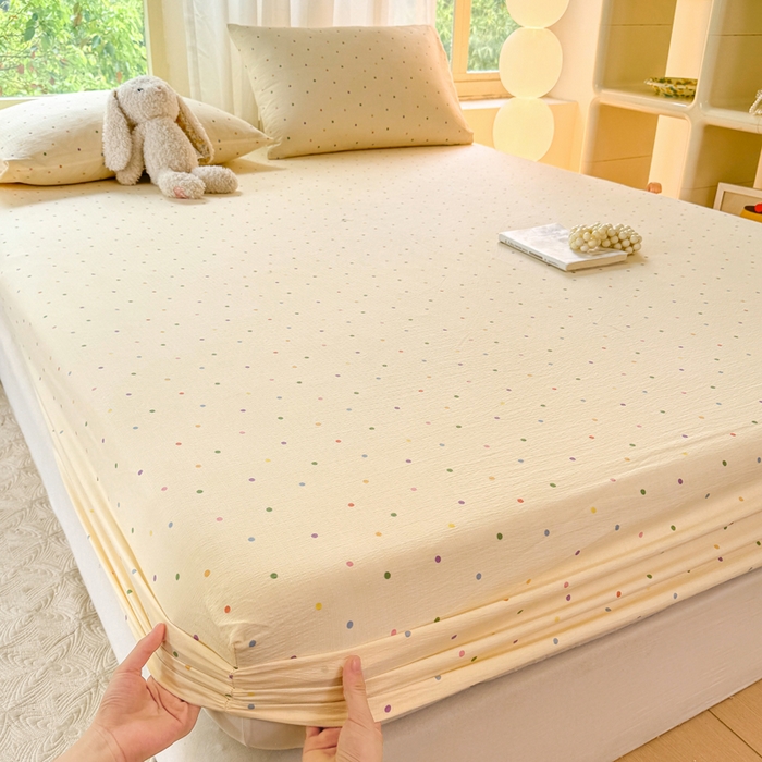 91家纺网 家纺一手货源 找家纺 仟网汇 2025新款云感棉双层纱床笠 彩波点