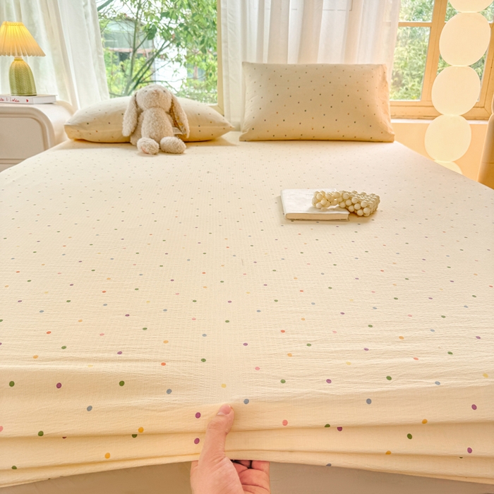 91家纺网 家纺一手货源 找家纺 仟网汇 2025新款云感棉双层纱床笠 彩波点