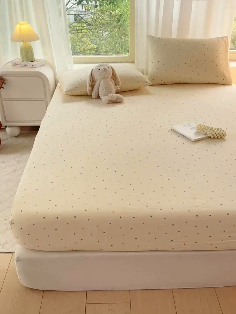 91家纺网 家纺一手货源 找家纺 仟网汇 2025新款云感棉双层纱床笠 彩波点