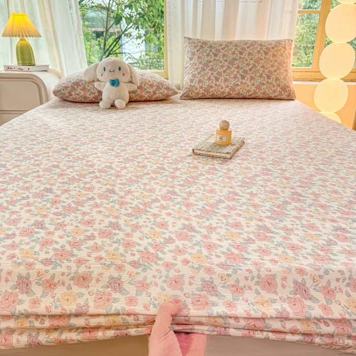 91家纺网 家纺一手货源 找家纺 仟网汇 2025新款云感棉双层纱床笠 十里桃花