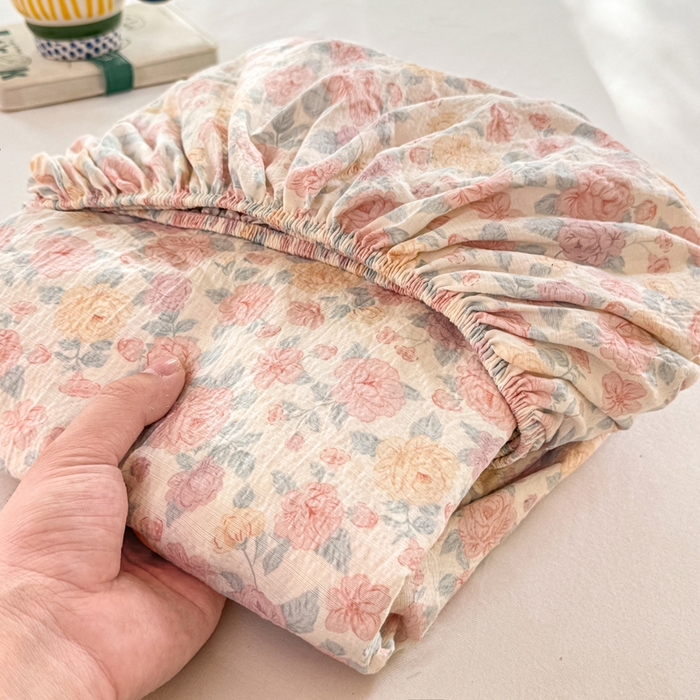 91家纺网 家纺一手货源 找家纺 仟网汇 2025新款云感棉双层纱床笠 十里桃花