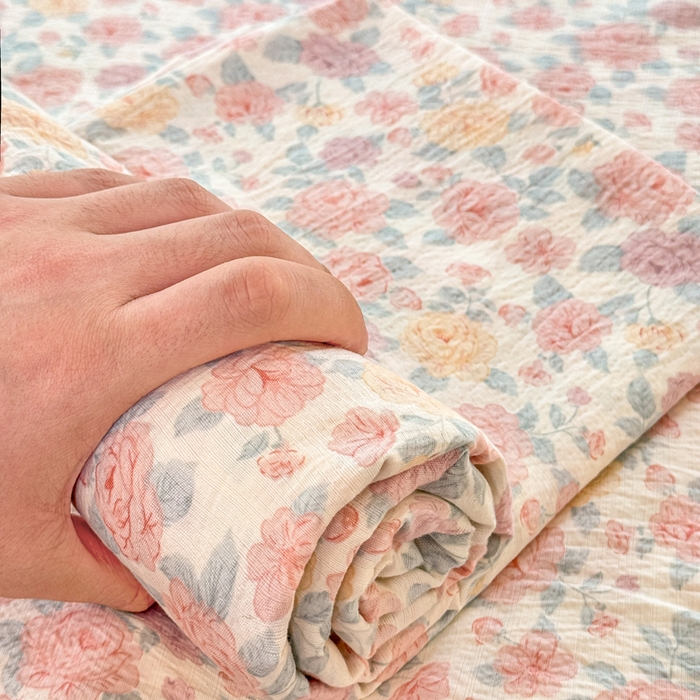 91家纺网 家纺一手货源 找家纺 仟网汇 2025新款云感棉双层纱床笠 十里桃花