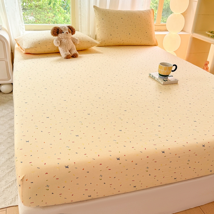 91家纺网 家纺一手货源 找家纺 仟网汇 2025新款云感棉双层纱床笠 芝士奶酪