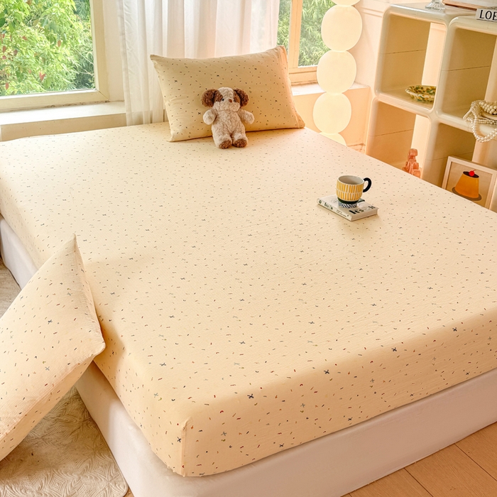 91家纺网 家纺一手货源 找家纺 仟网汇 2025新款云感棉双层纱床笠 芝士奶酪