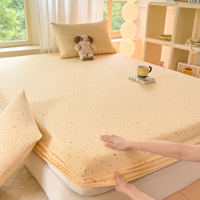 91家纺网 家纺一手货源 找家纺 仟网汇 2025新款云感棉双层纱床笠 芝士奶酪