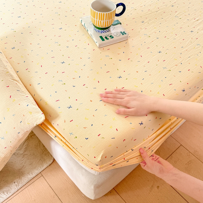 91家纺网 家纺一手货源 找家纺 仟网汇 2025新款云感棉双层纱床笠 芝士奶酪