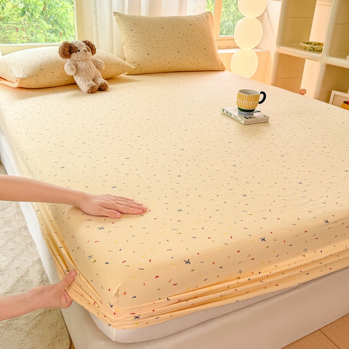 91家纺网 家纺一手货源 找家纺 仟网汇 2025新款云感棉双层纱床笠 芝士奶酪