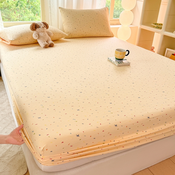 91家纺网 家纺一手货源 找家纺 仟网汇 2025新款云感棉双层纱床笠 芝士奶酪