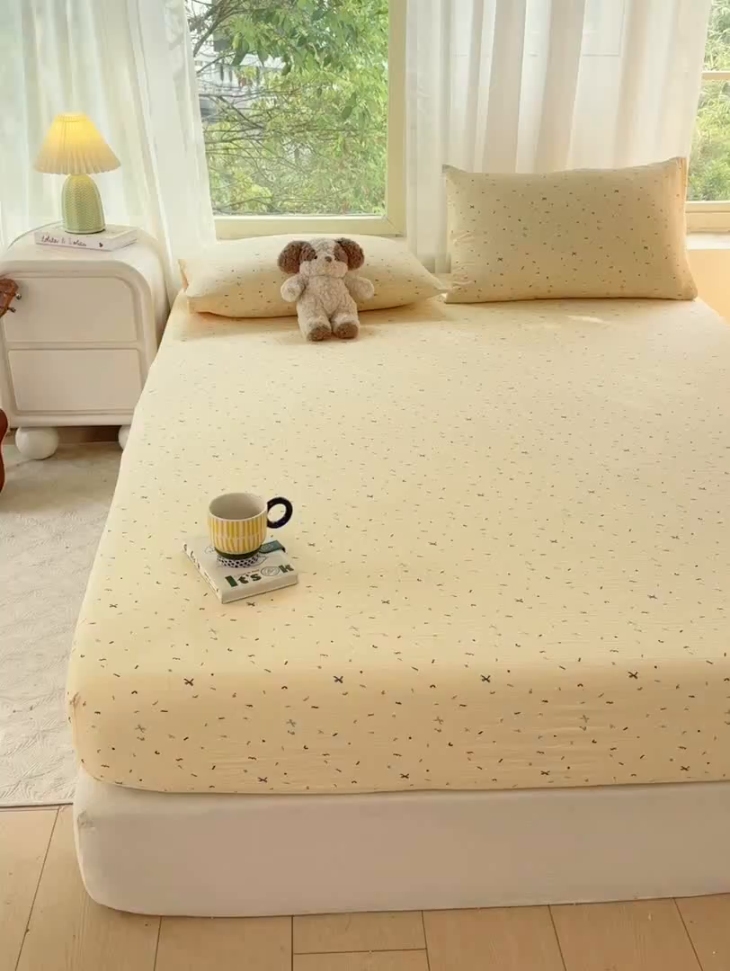 91家纺网 家纺一手货源 找家纺 仟网汇 2025新款云感棉双层纱床笠 芝士奶酪