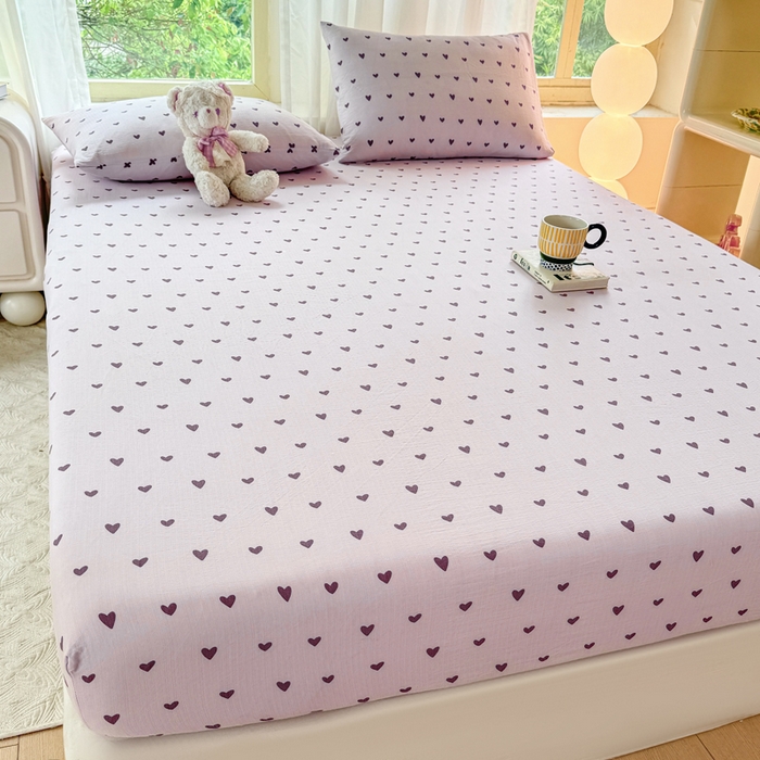 91家纺网 家纺一手货源 找家纺 仟网汇 2025新款云感棉双层纱床笠 紫爱心