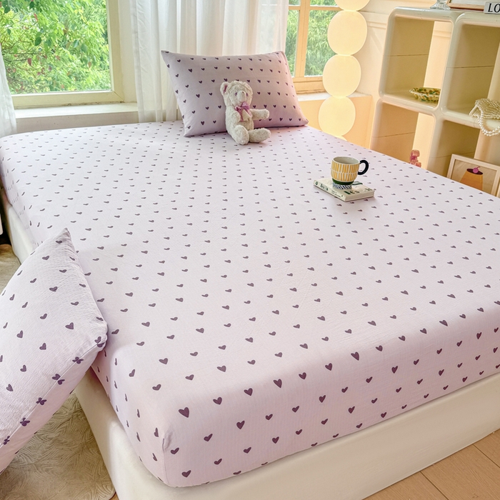 91家纺网 家纺一手货源 找家纺 仟网汇 2025新款云感棉双层纱床笠 紫爱心