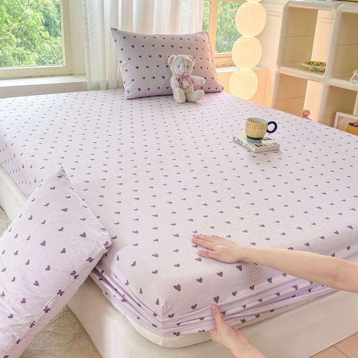 91家纺网 家纺一手货源 找家纺 仟网汇 2025新款云感棉双层纱床笠 紫爱心