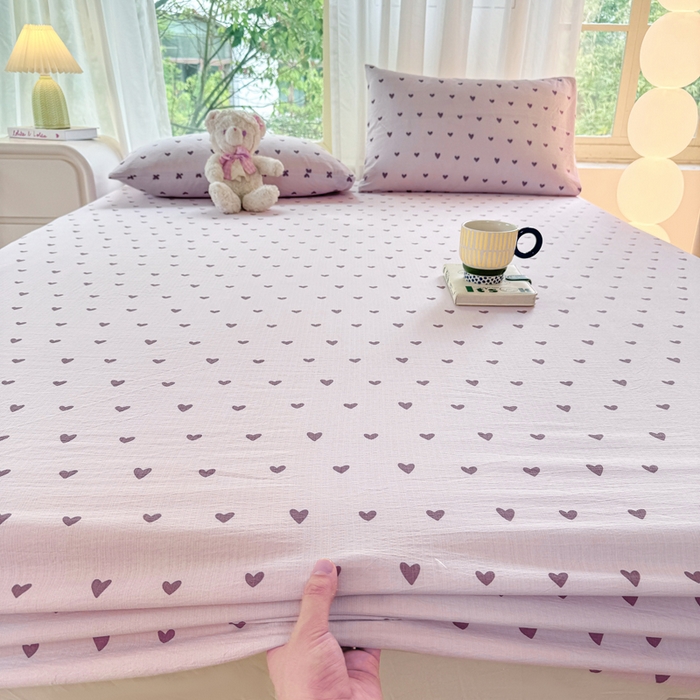 91家纺网 家纺一手货源 找家纺 仟网汇 2025新款云感棉双层纱床笠 紫爱心