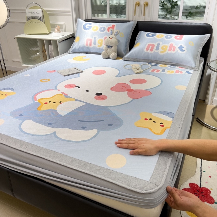 91家纺网 家纺一手货源 找家纺 水云缦 2025新款600D冰藤凉席冰丝席床笠款 床笠款-公主小兔