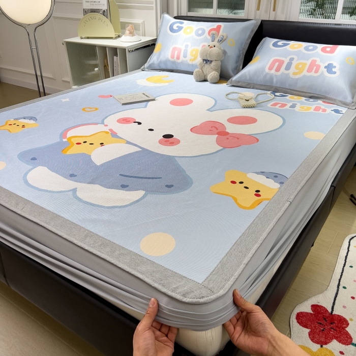 91家纺网 家纺一手货源 找家纺 水云缦 2025新款600D冰藤凉席冰丝席床笠款 床笠款-公主小兔