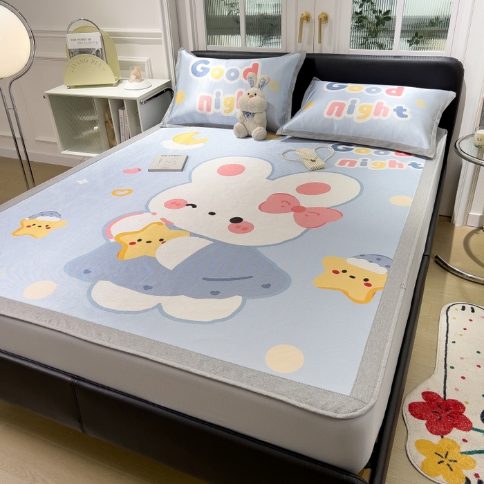 91家纺网 家纺一手货源 找家纺 水云缦 2025新款600D冰藤凉席冰丝席床笠款 床笠款-公主小兔