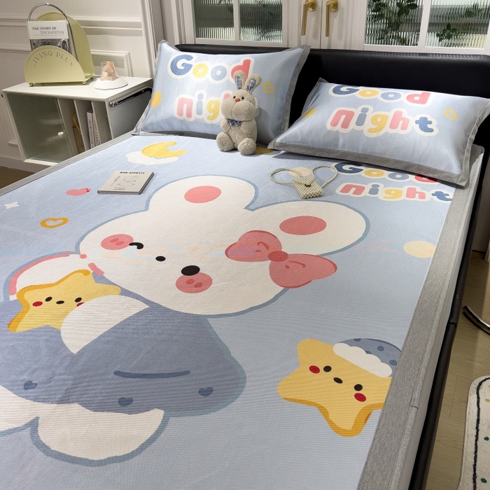 91家纺网 家纺一手货源 找家纺 水云缦 2025新款600D冰藤凉席冰丝席床笠款 床笠款-公主小兔