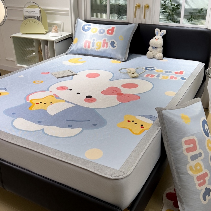 91家纺网 家纺一手货源 找家纺 水云缦 2025新款600D冰藤凉席冰丝席床笠款 床笠款-公主小兔