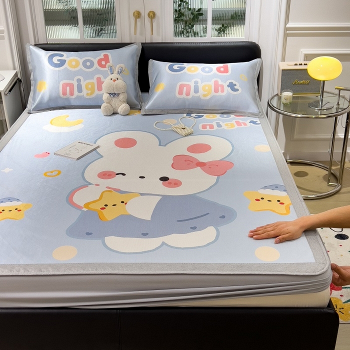 91家纺网 家纺一手货源 找家纺 水云缦 2025新款600D冰藤凉席冰丝席床笠款 床笠款-公主小兔