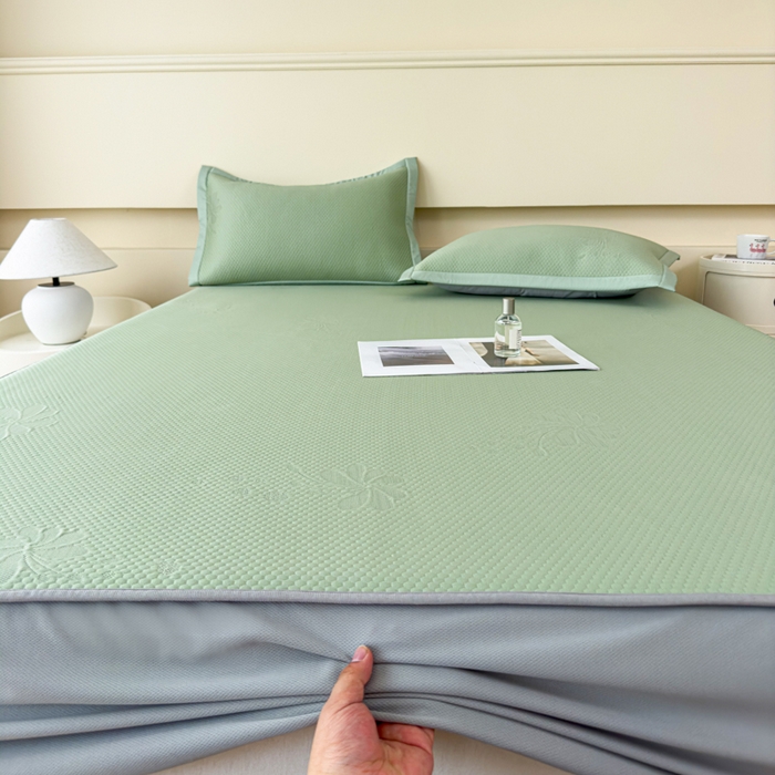 91家纺网 家纺一手货源 找家纺 瑞兴纺 2025新款高分子PE软凉席绣花款床笠款 床笠款-花之语-绿