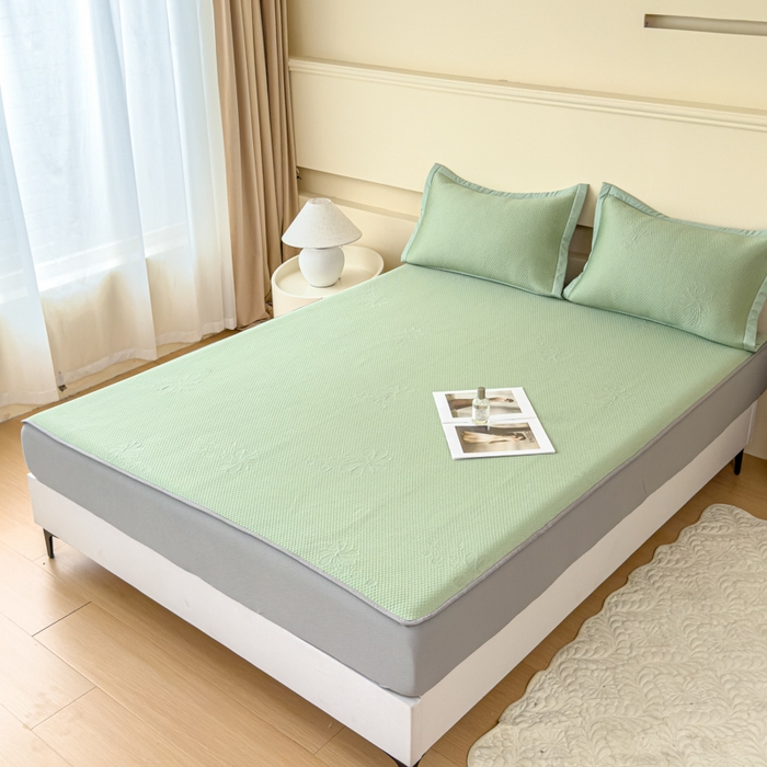 91家纺网 家纺一手货源 找家纺 瑞兴纺 2025新款高分子PE软凉席绣花款床笠款 床笠款-花之语-绿