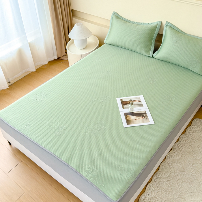 91家纺网 家纺一手货源 找家纺 瑞兴纺 2025新款高分子PE软凉席绣花款床笠款 床笠款-花之语-绿