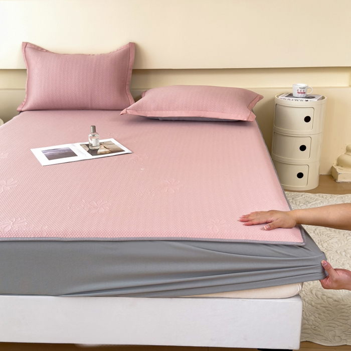 91家纺网 家纺一手货源 找家纺 瑞兴纺 2025新款高分子PE软凉席绣花款床笠款 床笠款-花之语-粉