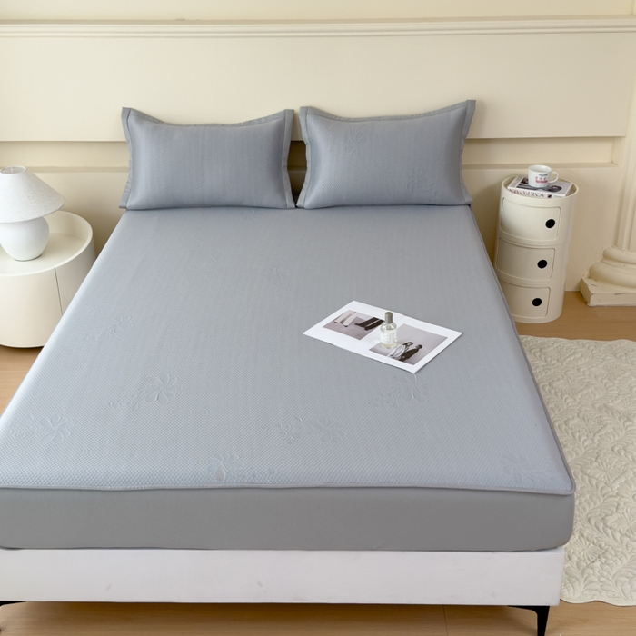 91家纺网 家纺一手货源 找家纺 瑞兴纺 2025新款高分子PE软凉席绣花款床笠款 床笠款-花之语-灰