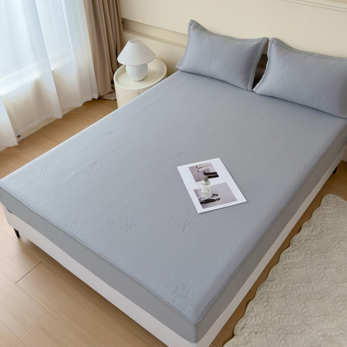 91家纺网 家纺一手货源 找家纺 瑞兴纺 2025新款高分子PE软凉席绣花款床笠款 床笠款-花之语-灰