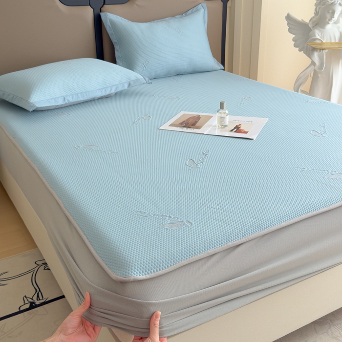 91家纺网 家纺一手货源 找家纺 瑞兴纺 2025新款高分子PE软凉席绣花款床笠款 床笠款-沐夕-蓝