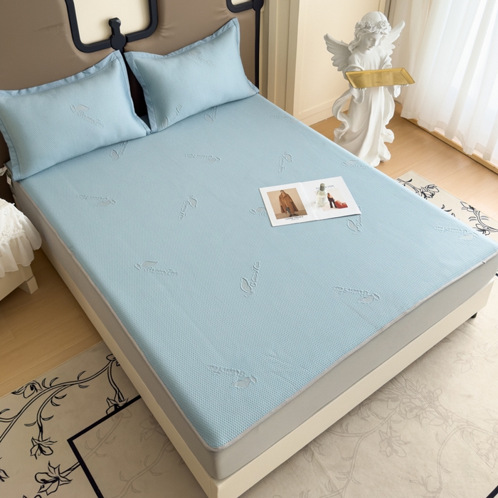 91家纺网 家纺一手货源 找家纺 瑞兴纺 2025新款高分子PE软凉席绣花款床笠款 床笠款-沐夕-蓝