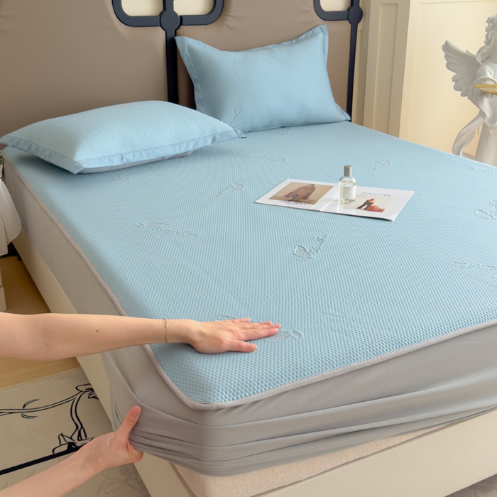 91家纺网 家纺一手货源 找家纺 瑞兴纺 2025新款高分子PE软凉席绣花款床笠款 床笠款-沐夕-蓝