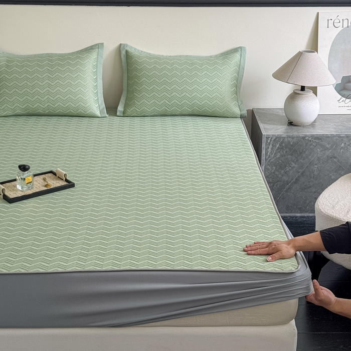 91家纺网 家纺一手货源 找家纺 瑞兴纺 2025新款高分子PE软凉席绣花款床笠款 床笠款-风尚-绿