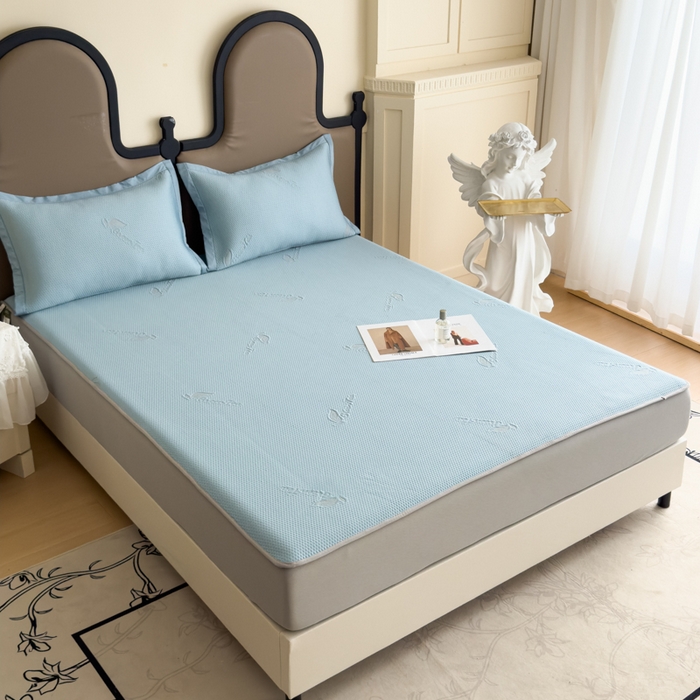 91家纺网 家纺一手货源 找家纺 瑞兴纺 2025新款高分子PE软凉席绣花款床笠款 床笠款-沐夕-蓝