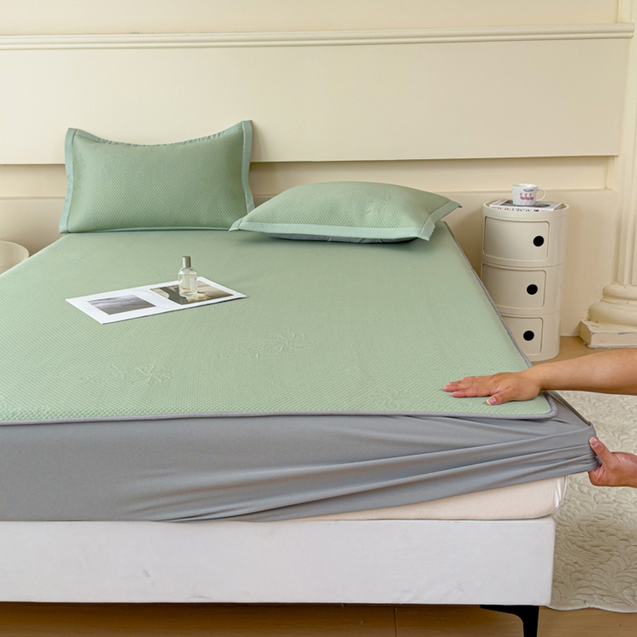 91家纺网 家纺一手货源 找家纺 瑞兴纺 2025新款高分子PE软凉席绣花款床笠款 床笠款-花之语-绿