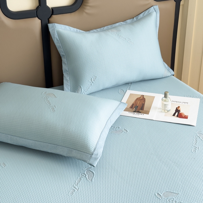 91家纺网 家纺一手货源 找家纺 瑞兴纺 2025新款高分子PE软凉席绣花款床笠款 床笠款-沐夕-蓝