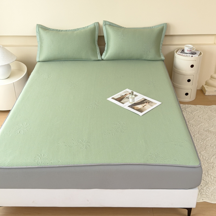 91家纺网 家纺一手货源 找家纺 瑞兴纺 2025新款高分子PE软凉席绣花款床笠款 床笠款-花之语-绿