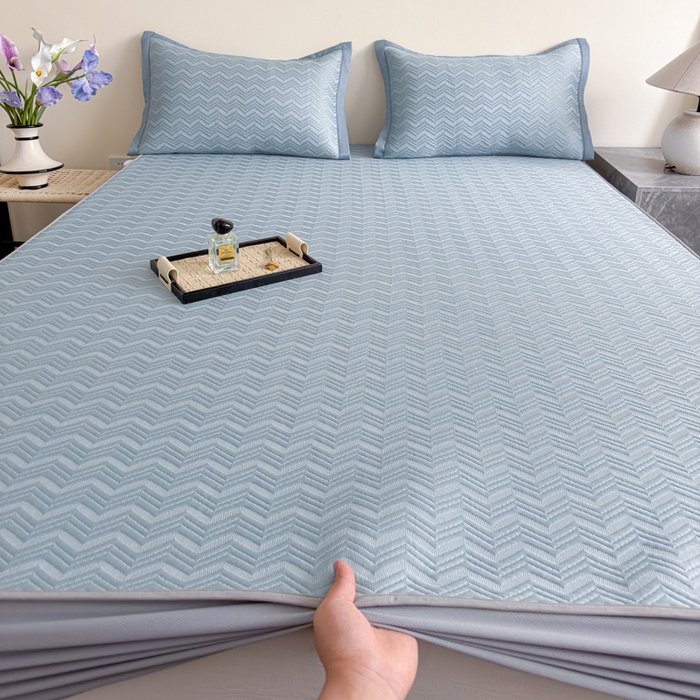 91家纺网 家纺一手货源 找家纺 瑞兴纺 2025新款高分子PE软凉席绣花款床笠款 床笠款-风尚-蓝