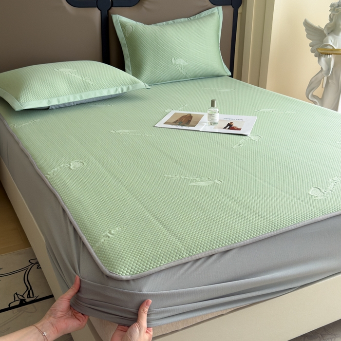 91家纺网 家纺一手货源 找家纺 瑞兴纺 2025新款高分子PE软凉席绣花款床笠款 床笠款-沐夕-绿