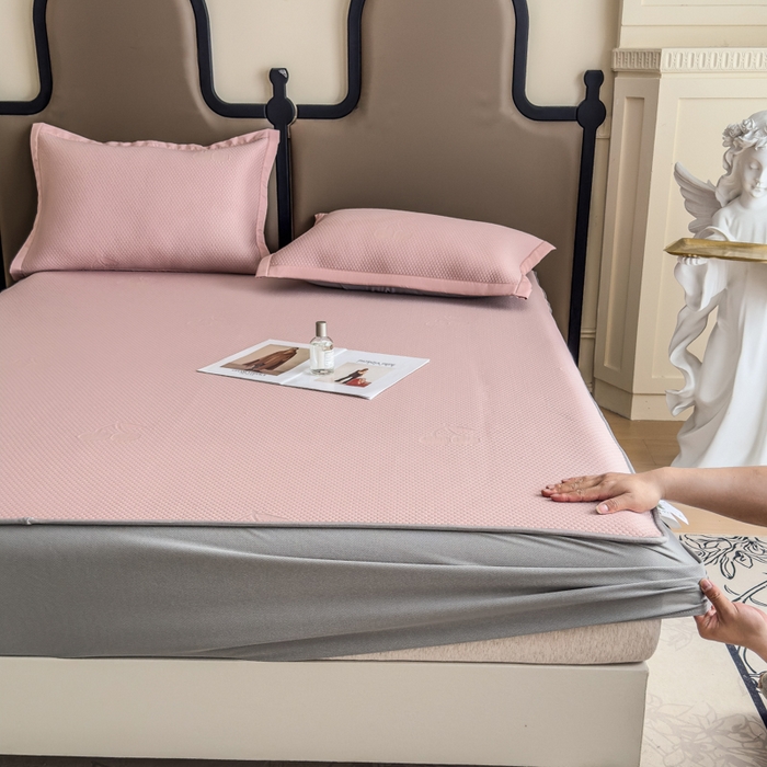 91家纺网 家纺一手货源 找家纺 瑞兴纺 2025新款高分子PE软凉席绣花款床笠款 床笠款-樱桃-粉