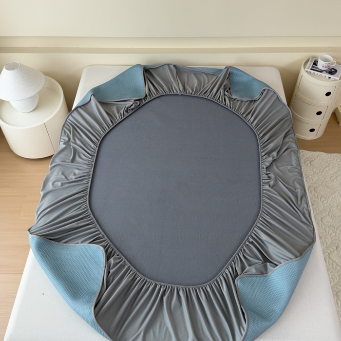 91家纺网 家纺一手货源 找家纺 瑞兴纺 2025新款高分子PE软凉席绣花款床笠款 床笠款-花之语-蓝