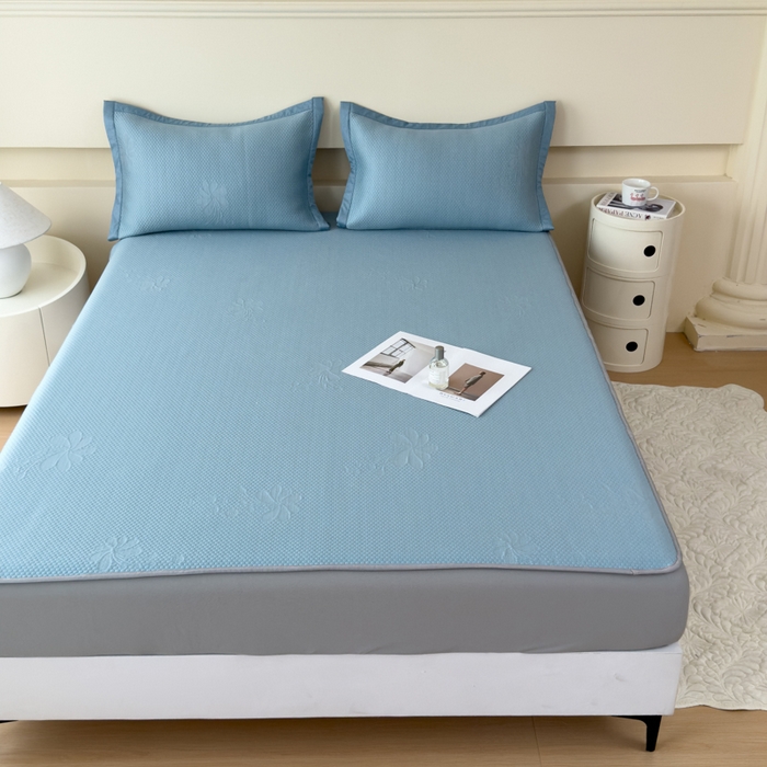 91家纺网 家纺一手货源 找家纺 瑞兴纺 2025新款高分子PE软凉席绣花款床笠款 床笠款-花之语-蓝