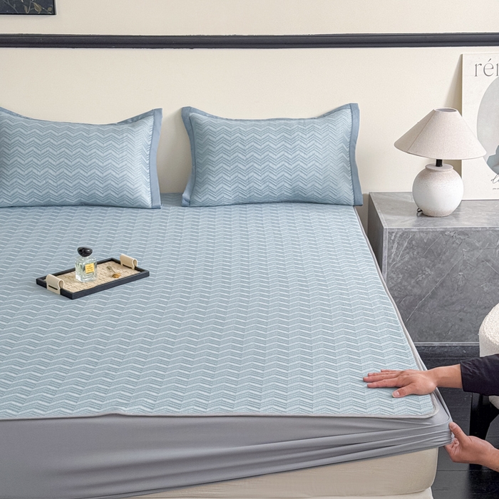 91家纺网 家纺一手货源 找家纺 瑞兴纺 2025新款高分子PE软凉席绣花款床笠款 床笠款-风尚-蓝