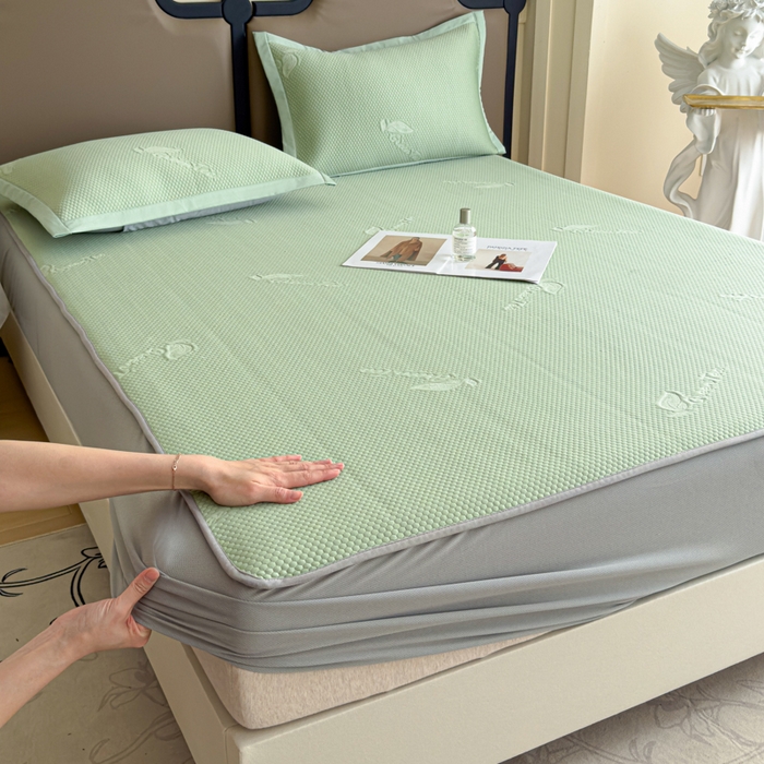 91家纺网 家纺一手货源 找家纺 瑞兴纺 2025新款高分子PE软凉席绣花款床笠款 床笠款-沐夕-绿