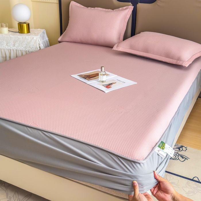 91家纺网 家纺一手货源 找家纺 瑞兴纺 2025新款高分子PE软凉席绣花款床笠款 床笠款-樱桃-粉