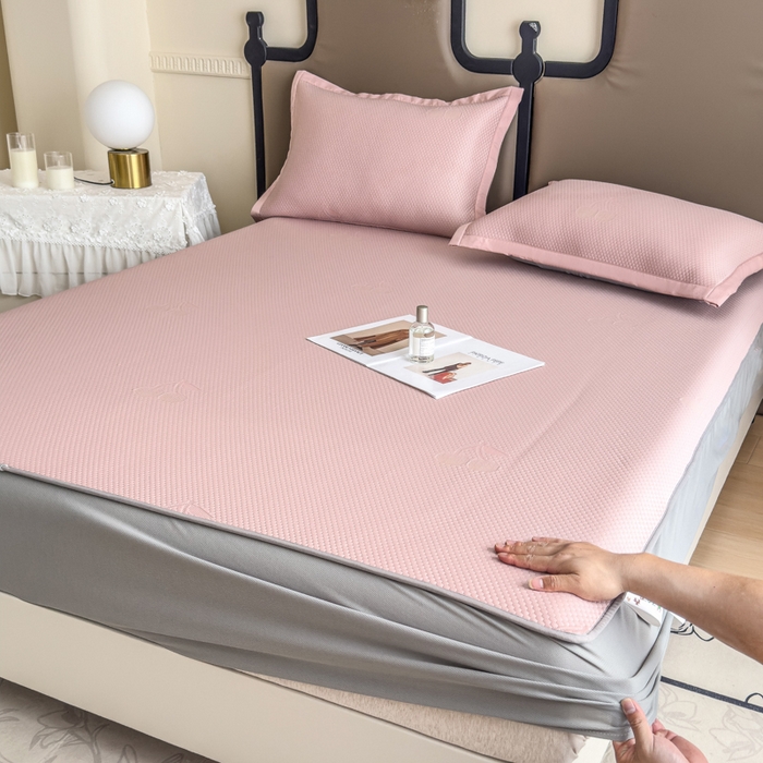 91家纺网 家纺一手货源 找家纺 瑞兴纺 2025新款高分子PE软凉席绣花款床笠款 床笠款-樱桃-粉