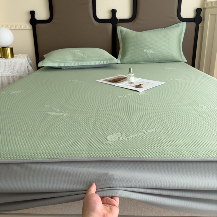 91家纺网 家纺一手货源 找家纺 瑞兴纺 2025新款高分子PE软凉席绣花款床笠款 床笠款-沐夕-绿