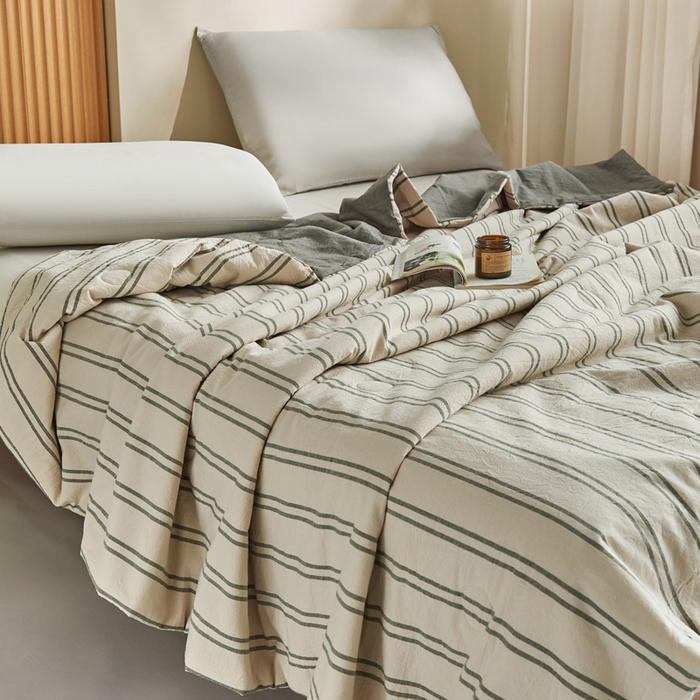 91家纺网 家纺一手货源 找家纺 （总）良品汇馆 2025新款日式无印水洗棉夏被良品大豆纤维被条纹全棉柔软夏凉被空调被子